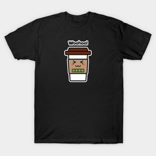 Woohoo! | Coffee Cup | Charging | High Battery | Cute Kawaii | Black T-Shirt